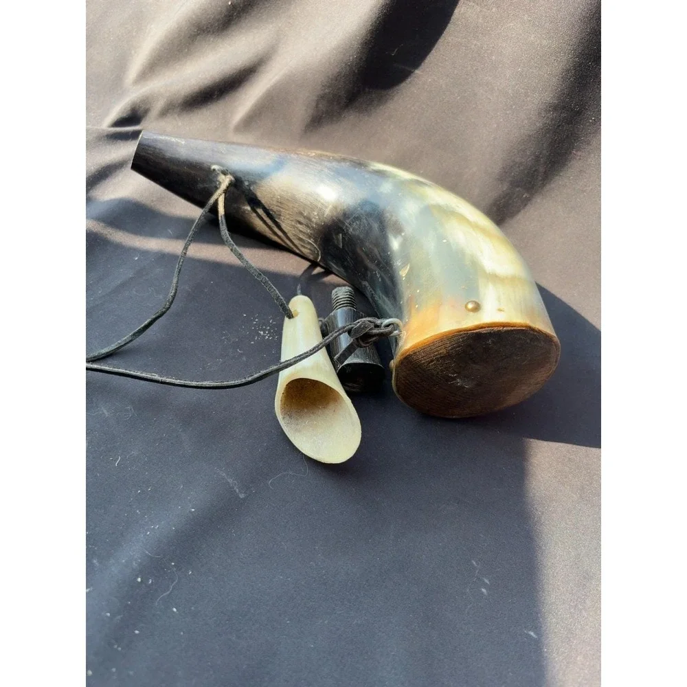 Vintage Black Powder Cow Horn Powder Horn Flask w/ Horn Charger Leather Strap
